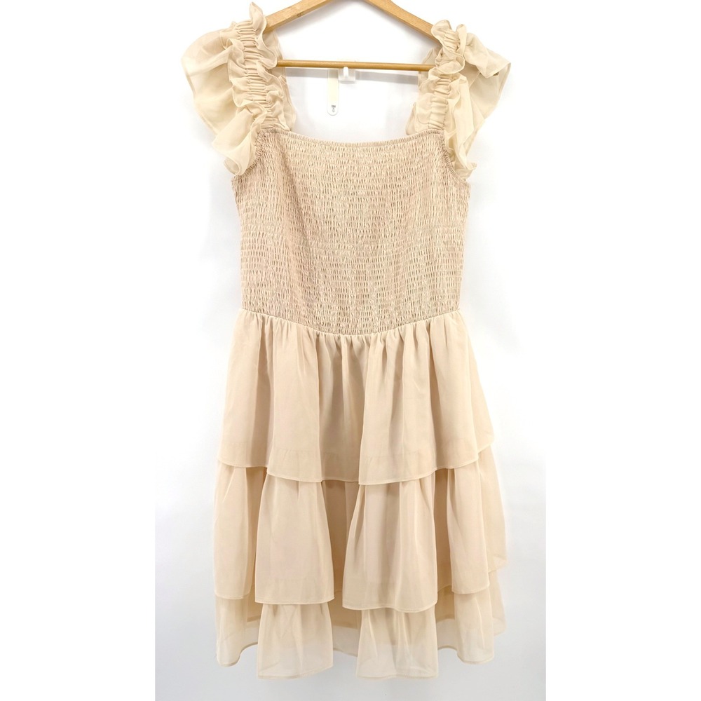 Byinns Tiered Ruffle Mini Dress Women S Beige Smocked Flutter Sleeve Chiffon NEW
